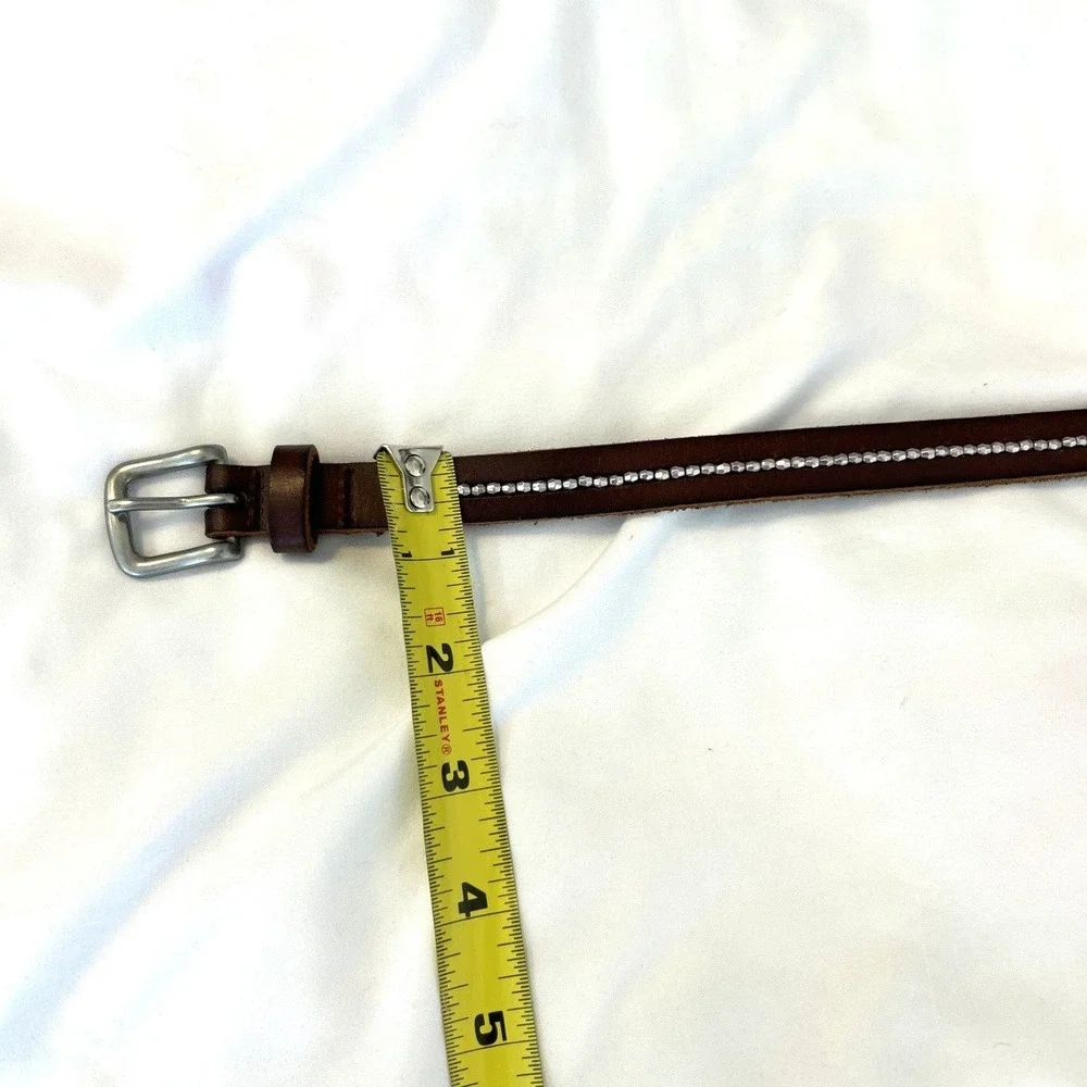 Womens Slim Brown Leather Belt Silver Micro‎ Studded Skinny Boho Western 41.5in